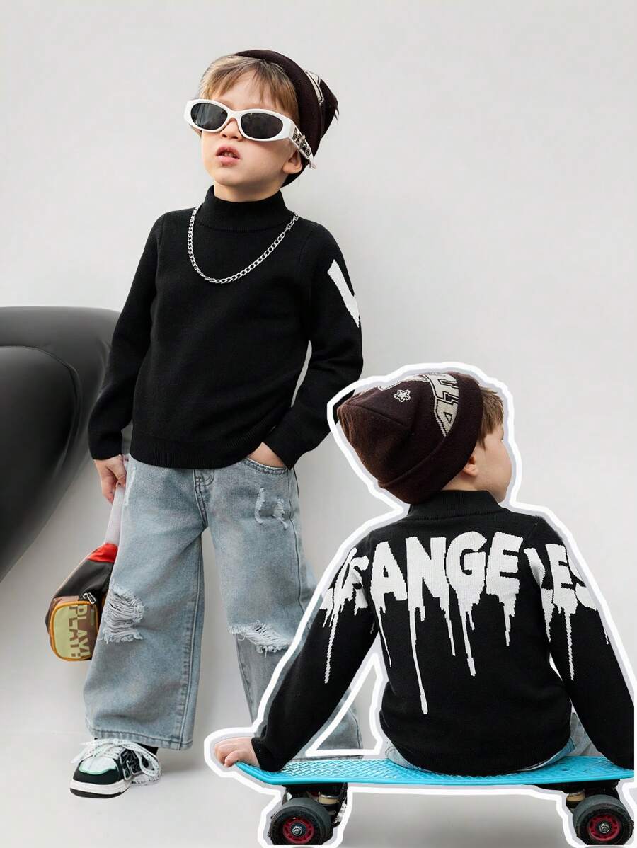Camisa de manga larga con cuello alto para niños con estampado minimalista de letras, uso casual diario