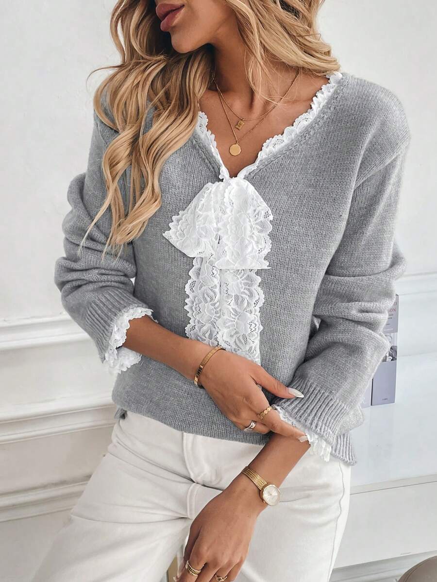 SHEIN LUNE Women's V-Neck Contrast Color Lace Trim Pullover Sweater - Grey - View 1