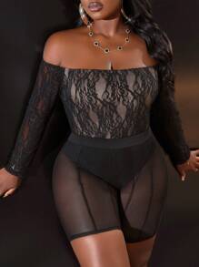 Slaydiva Plus Size Women's Solid Color Long Sleeve Casual Off Shoulder Sexy Lace Bodysuit - Black - View 4
