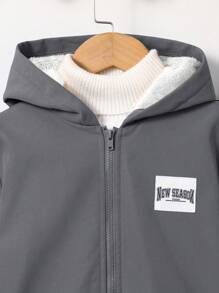 SHEIN 2 件套年轻男孩休闲连帽保暖内衬上衣和宽松松紧腰运动裤套装，适合通勤、上学、休闲、旅行、运动、所有季节 - 灰色 - 查看 3