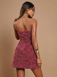 COSMINA Wine Red Circle Tulle & Tweed Bandeau Mini A-Line Dress - Red - View 2
