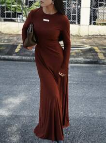 INAWLY Sexy Long Dress, Solid Color, Long Sleeve, Minimalist, Casual Everyday Wear