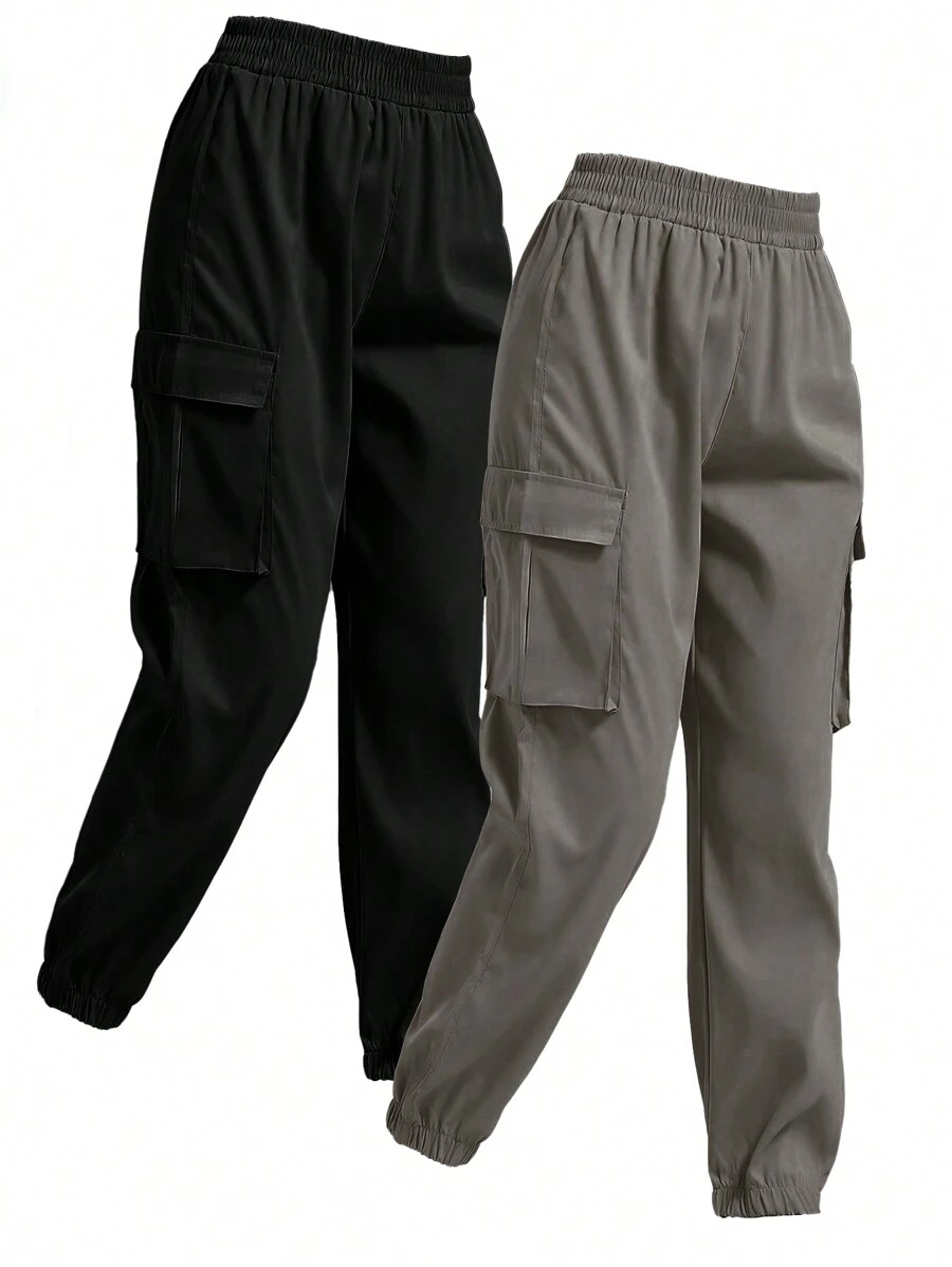 SHEIN LUNE 2pcs Women Casual Thin Waist Drawstring Side Pockets Cargo Pants Set - Multicolor - View 1