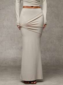 SHEIN BAE Women's Apricot Solid Color Slim Fit Minimalist Metal Decorated Extra Long Skirt, Suitable For Casual Daily Wear, Fashionable Outfits, Going Out, Dating, Commuting, New Year's Eve