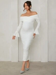 MaterniChic Solid Off-Shoulder Textured Long Sleeve Bodycon Maternity Dress, Suitable For Party, Wedding, Evening, Baby Shower, Spring/Autumn - White - View 5