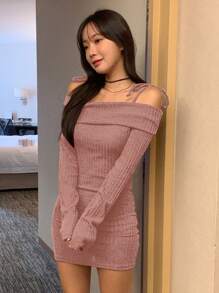 DAZY 女式纯色露肩裹身迷你连衣裙，适合圣诞节和春秋季长袖连衣裙 - 粉色 - 查看 5