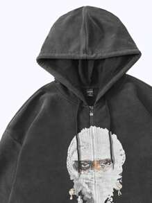 ROMWE MEN Street Life 男士复古水洗图案印花连帽衫，复古街头服饰