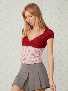 SHEIN EZwear 女士花卉印花撞色蕾丝灯笼袖优雅衬衫 - 紅色 - 查看 5