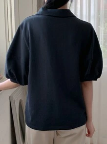 DAZY 夏季新款主教袖圆领短袖女式T恤，教师服装 - 藏蓝色 - 查看 2