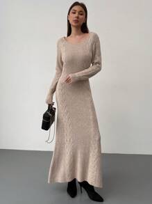 Aloruh Cable Knit Backless Solid Color Long Sleeve A-Line Dress, Slim Fit, Autumn/Winter - Apricot - View 4