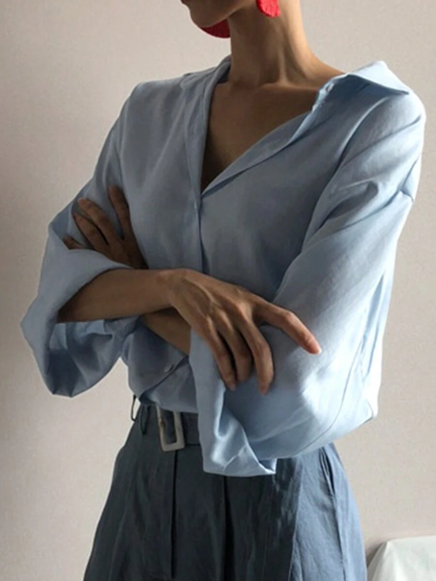 DAZY Women's Solid Color Drop Shoulder Long Sleeve Single Breasted Loose Turndown Collar Blouse For Autumn - Blue - View 1