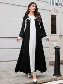 Al Najma 彩色拼接蕾丝圆领拉链优雅长袖阿巴亚连衣裙 - 黑色 - 查看 5