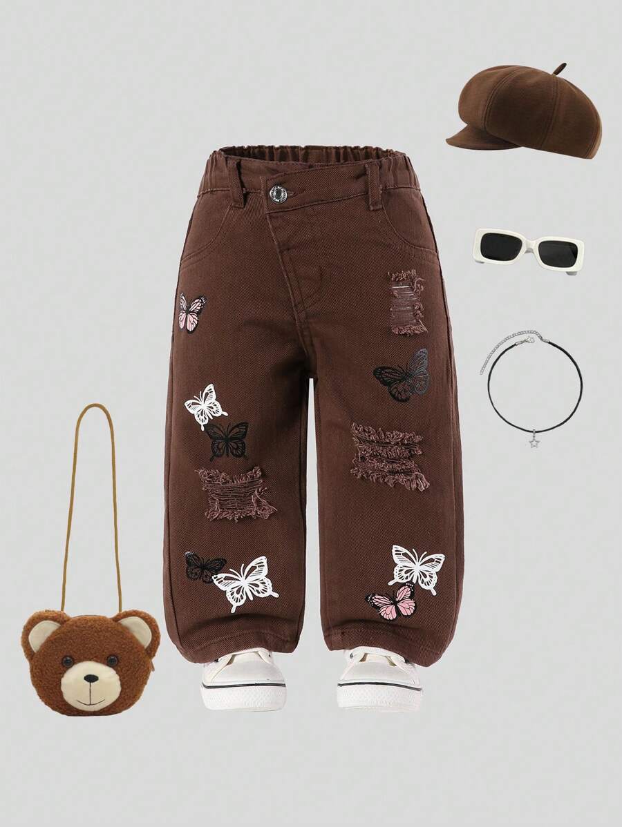 SHEIN Baby Girl Asymmetric Elastic Waist Fitted Butterfly Print Light Wash Straight Leg Denim Jeans - Coffee Brown - View 1