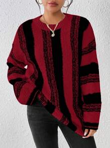 Flirla Women Round Neck Long Sleeve Simple Versatile Casual Striped Sweater