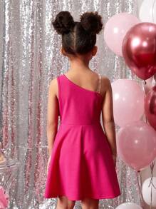 SHEIN SLAYR KIDS Young Girl Lovely Fuchsia 3D Floral One Shoulder Sleeveless Dress, Valentine's Day