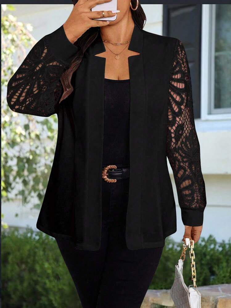 SHEIN Clasi Chaqueta informal de talla grande con cuello de traje falso y textura de punto elástico con mangas abullonadas y malla floral soluble en agua - Negro - Añade 4