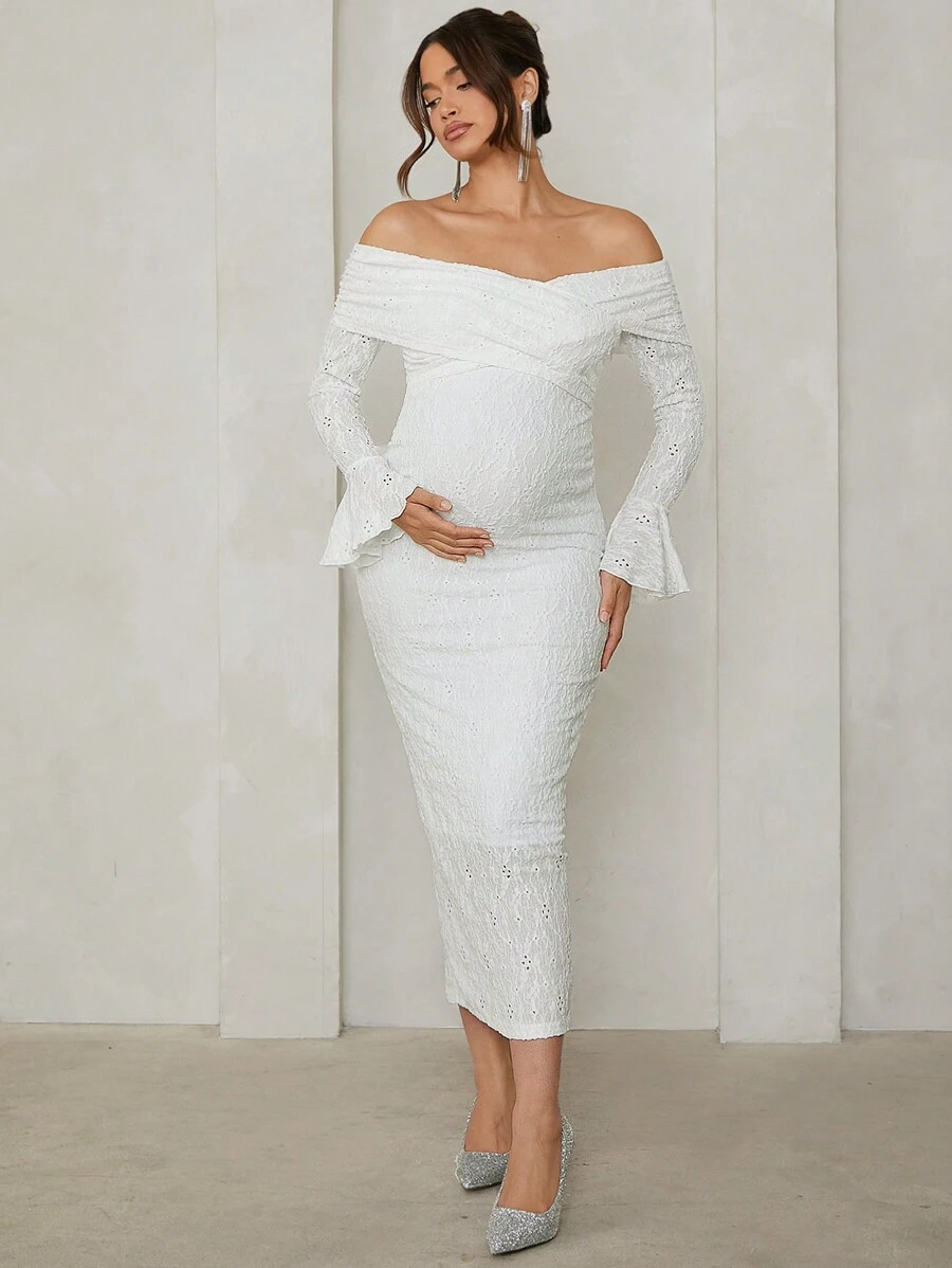MaterniChic Solid Off-Shoulder Textured Long Sleeve Bodycon Maternity Dress, Suitable For Party, Wedding, Evening, Baby Shower, Spring/Autumn - White - View 1