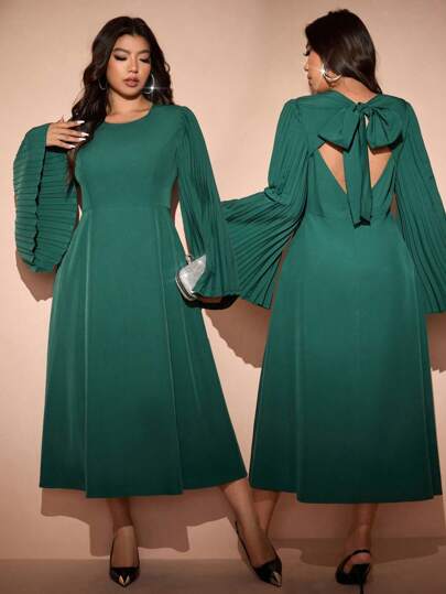 Allurite Plus Size Elegant Lady's Round Neck Waist Gathers A-Line Long Sleeve Pleated Hollow-Out Back Strap Dress, Women Outfit