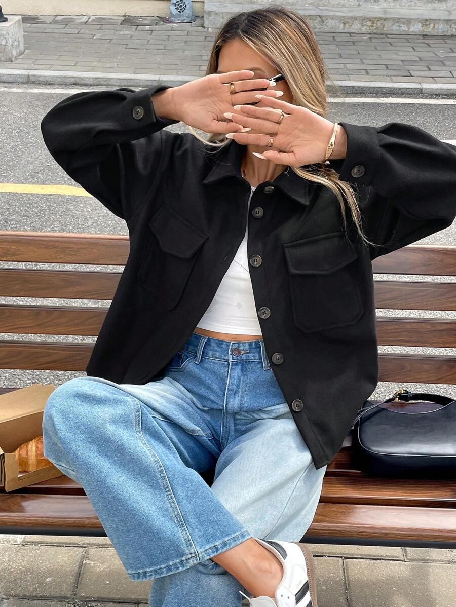 Serisse 秋冬女式长袖口袋纽扣前开式时尚街头风夹克 - 黑色 - 查看 1