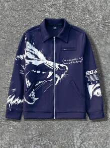 Manfinity EMRG Men's Casual Wolf Print Zipper Placket Long Sleeve Jacket, Autumn - Navy Blue - View 1
