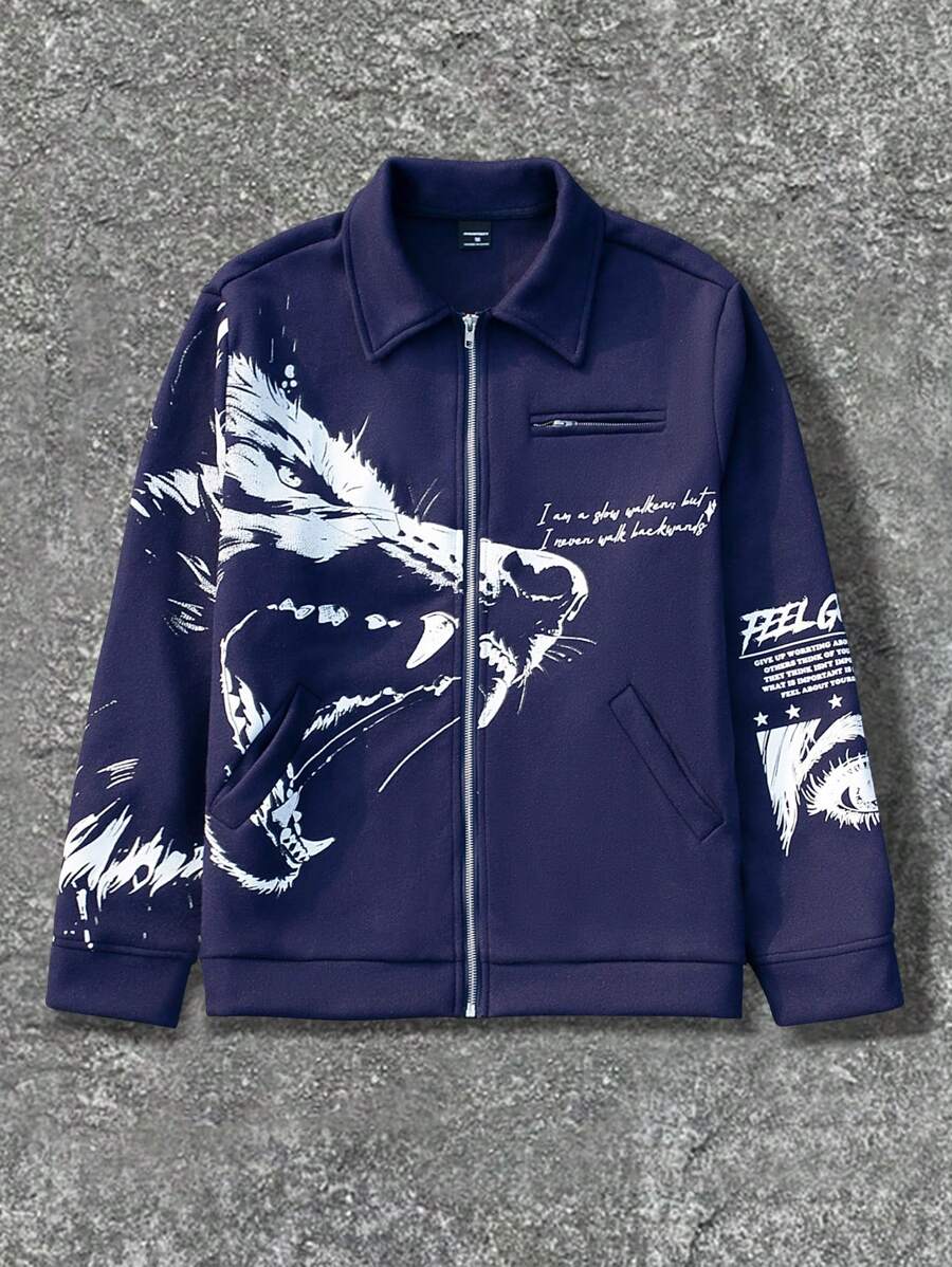 Manfinity EMRG Men's Casual Wolf Print Zipper Placket Long Sleeve Jacket, Autumn - Navy Blue - View 1