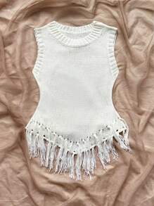 Soleia Casual Round Neck Tasseled Knitted Vest, Solid Color, Minimalist & Fashionable - Beige - View 3