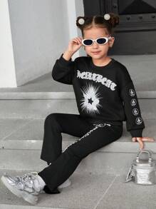 مجموعة بلوزة كاجوال كبيرة السحم بطباعة نجوم وخطوط نصوص و بنطلون محبب ذو قصة ناقسة للبنات الصغيرات بطراز جوتيك، لإطلالة عودة المدرسة الضرورية والمتعددة الاستخدامات بنمط رياضي مناسب للأمهات والبنات والشقيقات، رائعة للارتداء اليومي والكاجوال في الخريف والشتاء - الأسود - مشاهدة 2