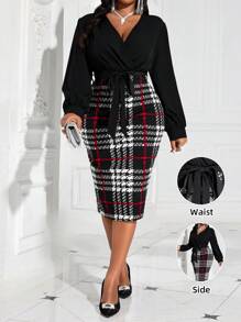 SHEIN Lady 春夏秋冬优雅黑色针织编织铅笔衬衫袖中长袖大码连衣裙礼服情人节新年聚会女装优雅连衣裙婚礼节日连衣裙秋冬优雅工作办公室彩色格子针织开叉中长大码半身裙感恩节女装秋装秋装曲线优雅女装酒红色半身裙秋季女装女裙 - 黑色 - 查看 4