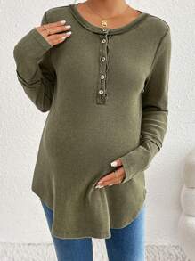 SHEIN Maternity Solid Color Round Neck Long Sleeve Button Half Placket Casual T-Shirt For Autumn