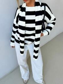 Aloruh Women's Autumn And Winter Sweater, Warm, Casual, Elegant, Business Commuting, Old Money Style, Loose Black And White Striped Knitted Top, Round Neck Long-Sleeved Striped Sweater (Including Scarf )2pce, Daily Wear