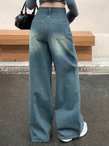 DAZY Jeans dritti casual ampi e plissettati da donna con decorazioni in strass
