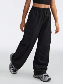 SHEIN Pantalones cargo negros lisos y cómodos para niñas preadolescentes en primavera/verano