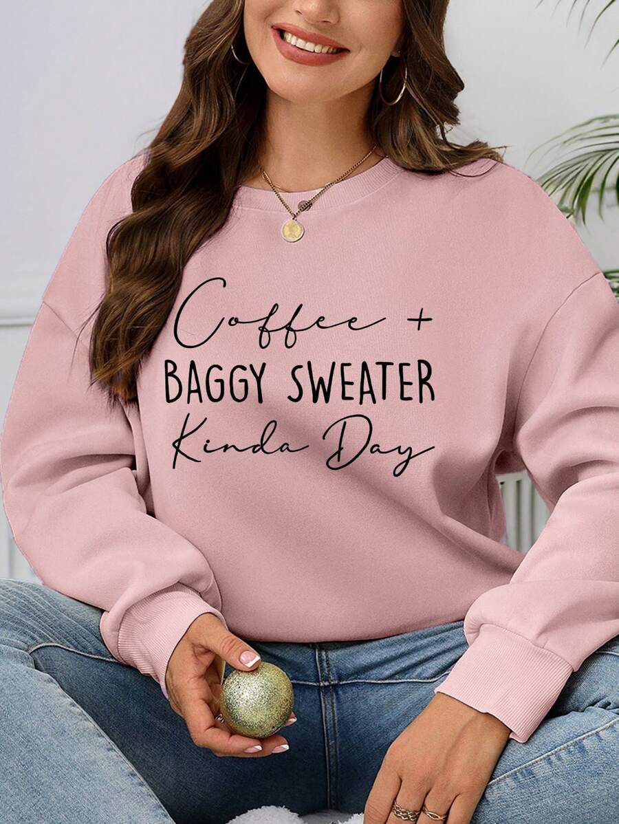 EMERY ROSE Plus Size Women's Letter Graphic Round Neck Sweatshirt Graduation,Back To School,Teacher Pullover Fall Winter Autumn - Dusty Pink - View 1