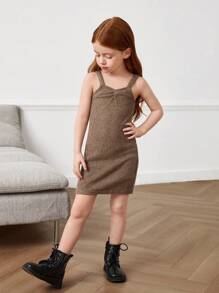 Set de 2 piezas con chaqueta corta de punto de unicolor y vestido casual de punto ajustado para niñas jóvenes - Caqui - Ver 5