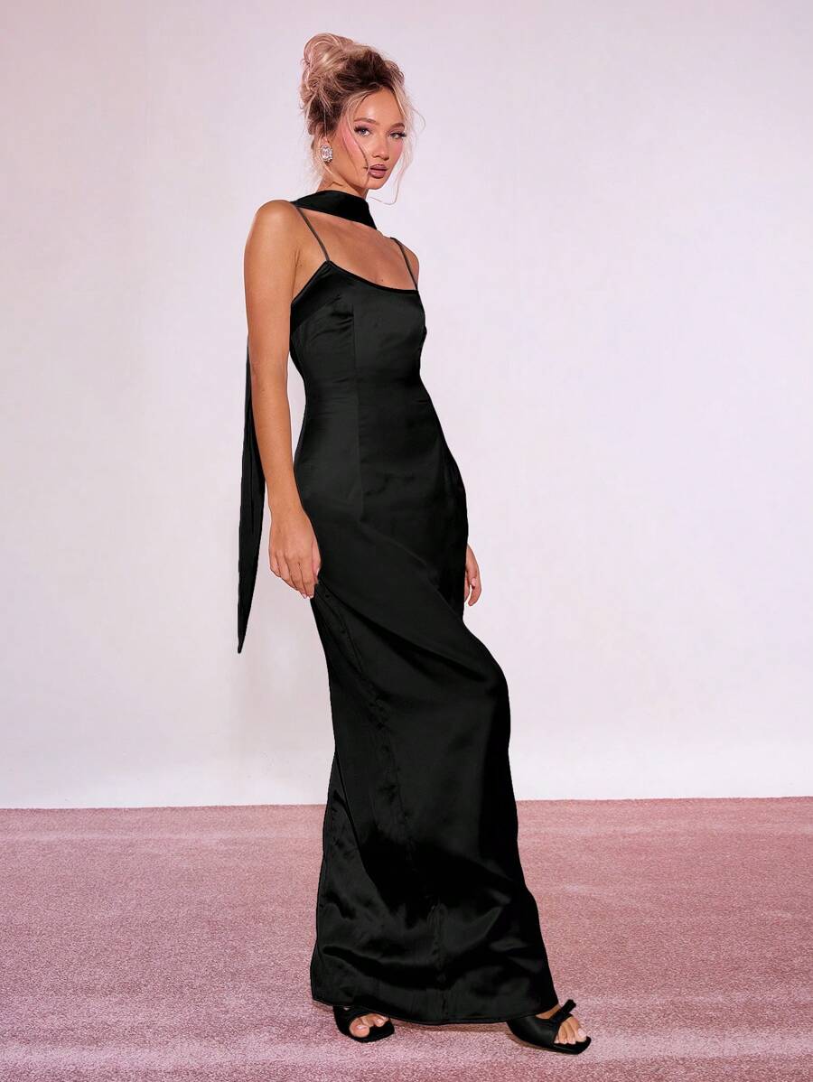 MUSERA Spaghetti Strap Maxi Dress 90's Prom Spring Wedding Guest, Graduation, Elegant Ibiza Holiday Fall Night Out Wedding Guest, Elegant, Date Night, Grunge , Halloween, Fall,   Party  Chic - Black - View 1