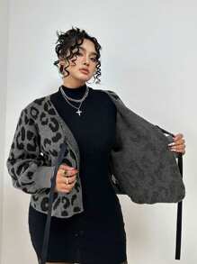 Flirla Leopard Jacquard Ribbed Cardigan Sweater - Grey - View 3