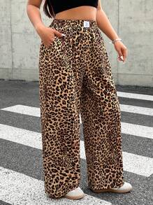 SHEIN EZwear Plus Size Women Leopard Print Woven Fabric Casual Everyday Commuting Versatile High Waist Wide Leg Loose Pants With Pockets