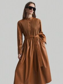 Ontre 女士橄榄绿优雅春季纯色 PU 皮革纽扣半襟褶皱长袖口袋中长休闲连衣裙 - 棕色 - 查看 3