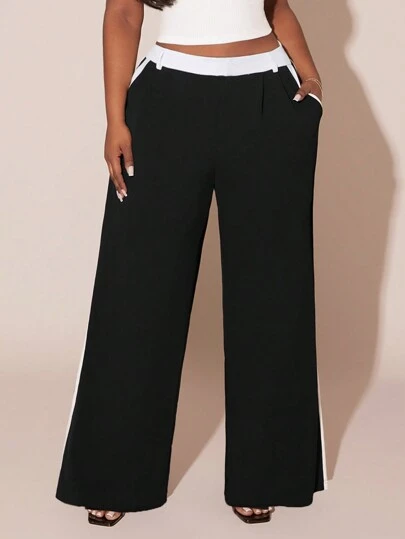 SHEIN SXY 大码休闲通勤撞色拼接阔腿西装裤