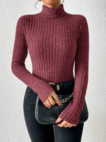 SHEIN Essnce Women High Neck Ribbed Long Sleeve Fitted T-Shirt, Solid Color, Autumn/Winter
