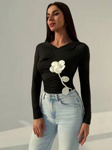 Firerie Women's Elegant Vintage Coin Pattern Asymmetric Ruched Shoulder Crew Neck Long Sleeve Fitted T-Shirt, Suitable For Commute & Vacation, Valentine's Day