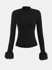 Girlism Teengirl Black Knit T-Shirt With Fuzzy Patchwork & Slim-Fit Mini Skirt Set, Elegant, Cute, Warm, Y2K Style - Black - View 4