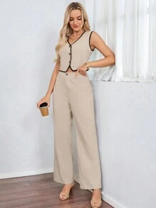 SHEIN LUNE Damska kamizelka jednorzędowa z dekoltem w serek i spodnie, swobodny 2-częściowy zestaw, biznesowy, swobodny