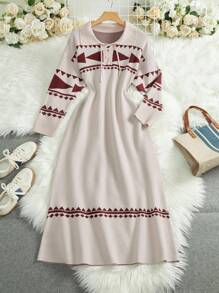 Mulvari Women Geometric Pattern Tie Neck Long Sleeve Casual Knitted Sweater Dress, Autumn/Winter