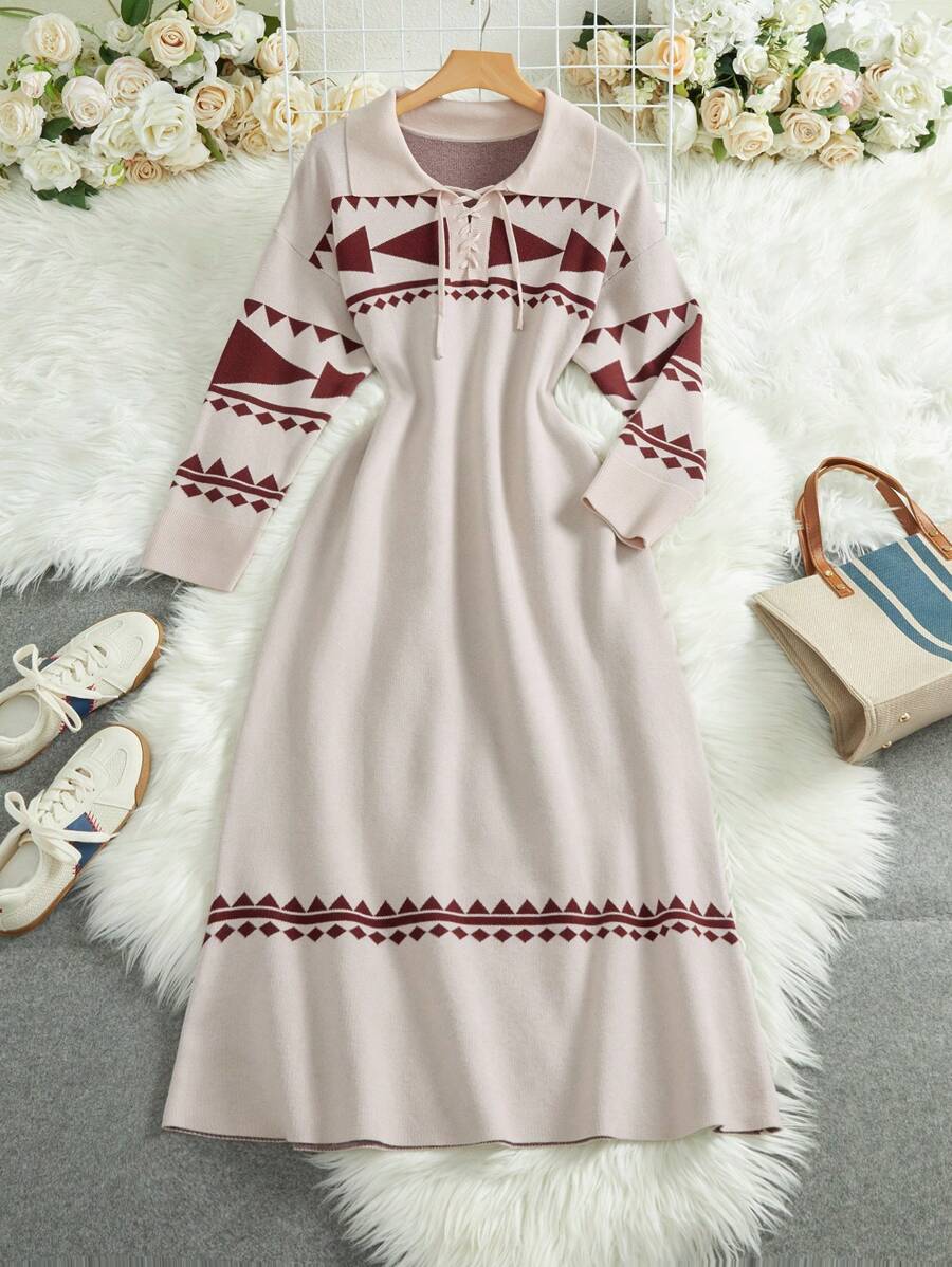 Mulvari Women Geometric Pattern Tie Neck Long Sleeve Casual Knitted Sweater Dress, Autumn/Winter