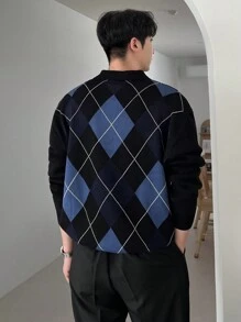 DAZY 男士休闲拼色菱形图案针织毛衣，秋冬 - 彩色 - 查看 2
