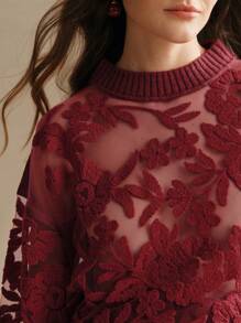 Anewsta Women's Sheer Floral Pattern Round Neck Long Sleeve Knit Sweater, Autumn/Winter Knit Pullover Fall - Burgundy - View 3