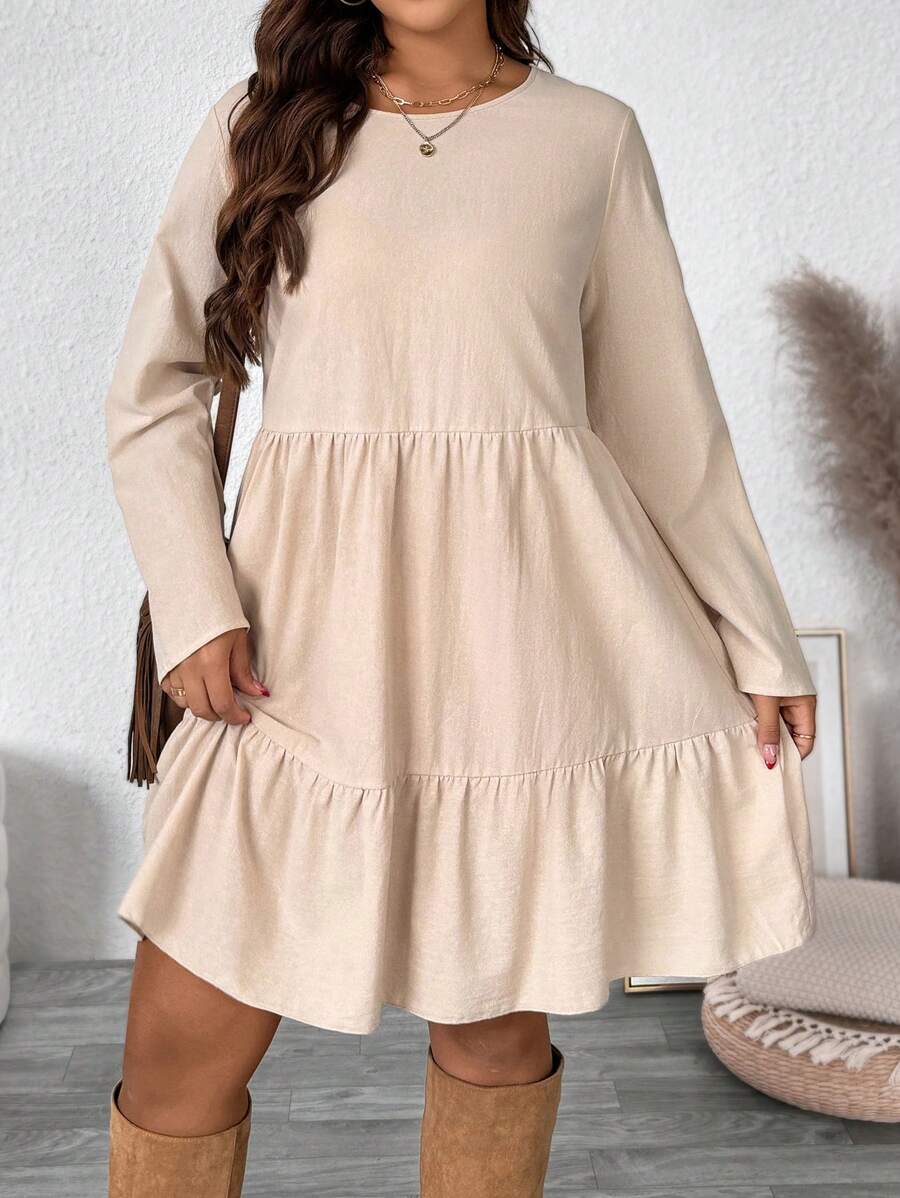 SHEIN VCAY Plus Size Casual Solid Color Patchwork Dress Valentine's Day Outfits Romantic - Apricot - View 1