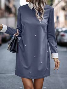 SHEIN Clasi 女士纯色仿珍珠装饰简约休闲长袖连衣裙 - 霧霾藍 - 查看 3