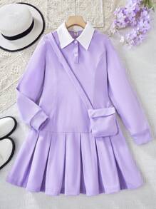 Vestido de sudadera con bloque de color, cuello de camisa y pliegues para niñas preadolescentes, sudadera de estilo escolar con bolso